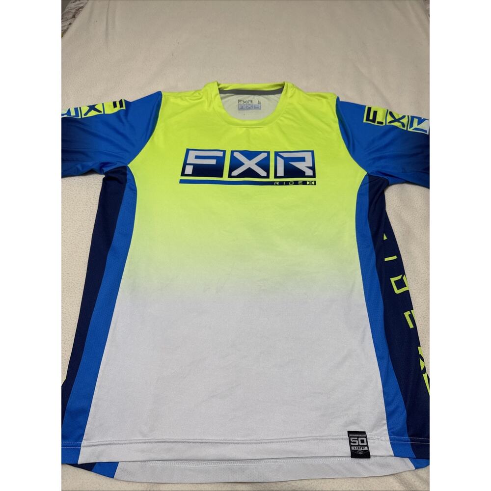 FXR ProFlex Size Large UPF 22 Mens SS MTB Mountain Bike Jersey Hi-Viz Fade/blue